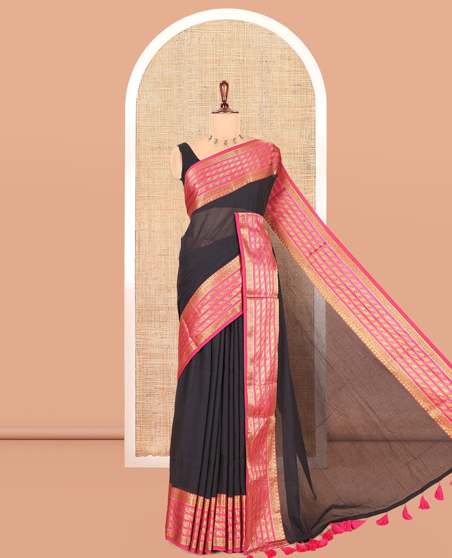 Black Plain Khadi Mul Cotton Saree