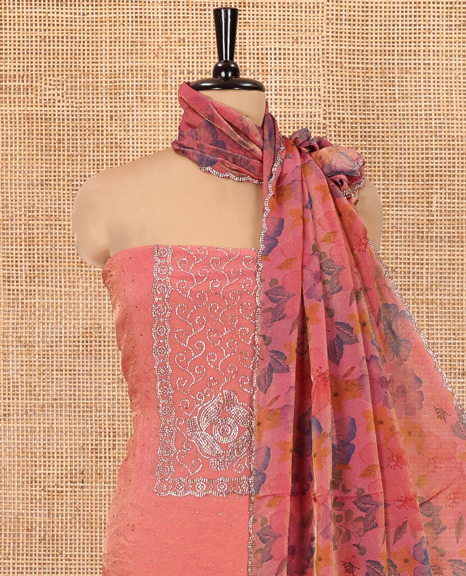 Dark Peach Moss Organza Material Chudidar Set, Finely Crafted with Stonework Top, a Plain Bottom, and Floral Printed Scallop-Stonework Bordered Dupatta