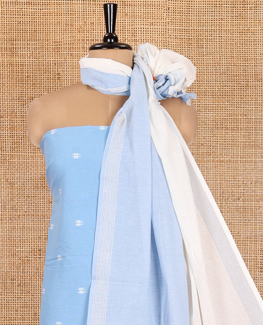 Sky Blue Handloom Cotton Material Chudidar, Buttas Woven Top, a Plain Bottom, and Contrast Dupatta