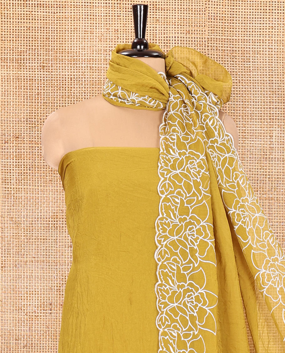 Yellow Organza Crushed Material Churidar Set, Elegantly Adorned with Floral-Themed Thread Embroidery Top, Comes with a Plain Santoon Bottom, and Is Paired with Organza Crushed Dupatta of Floral Thread Embroidery
