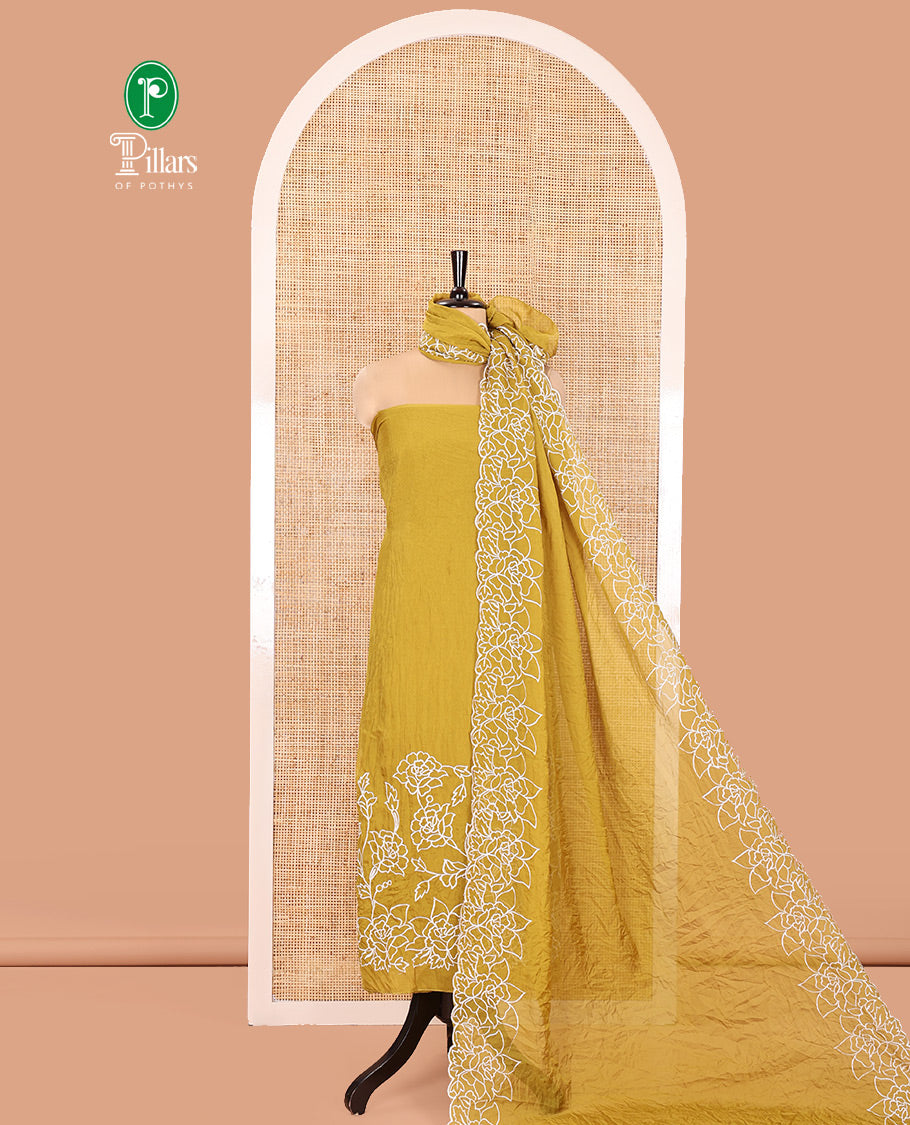 Yellow Organza Crushed Material Churidar Set, Elegantly Adorned with Floral-Themed Thread Embroidery Top, Comes with a Plain Santoon Bottom, and Is Paired with Organza Crushed Dupatta of Floral Thread Embroidery