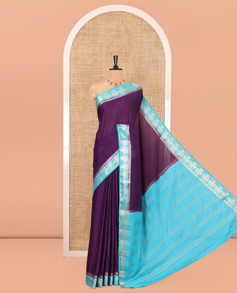 Purple Plain Semi-Mysore Silk Saree, Complemented by a Contrast Border of Ganda Berunda Designs, Zari Striped Pallu, and Paired with a Contrast Blouse