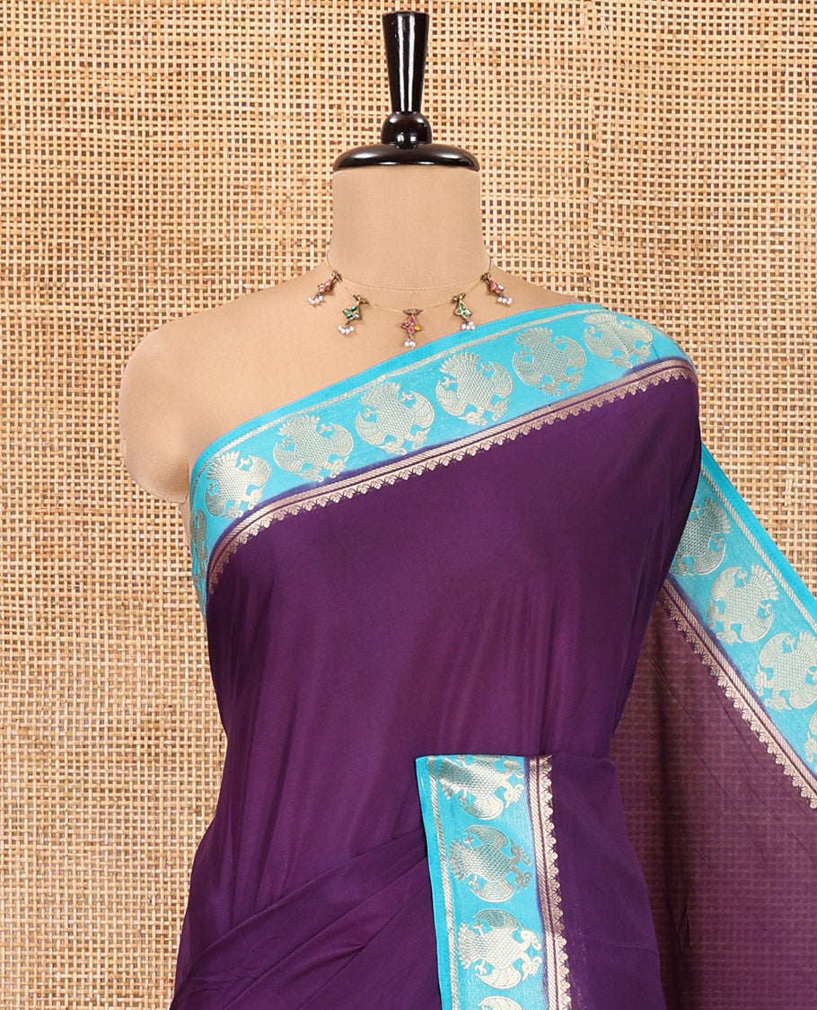 Purple Plain Semi-Mysore Silk Saree, Complemented by a Contrast Border of Ganda Berunda Designs, Zari Striped Pallu, and Paired with a Contrast Blouse