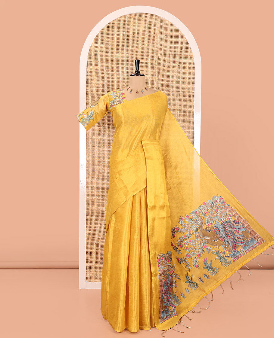 Borderless Gold Tissue Saree, Spotlighted with Colorful Tree-Elephant Motif Printed with Outline Embroidery on Its Body, and Paired with a Readymade Elbow-Sleeve Round-Neck Blouse