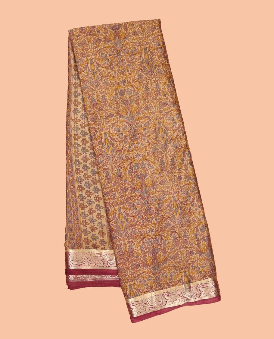 Brown intricately printed semi-banaras printed saree, contrast floral & paisley border & floral design pallu