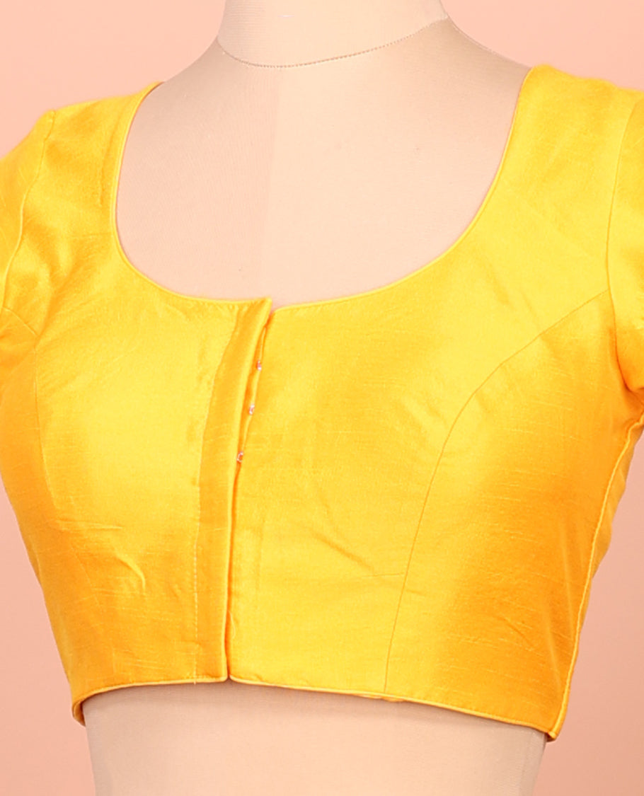 Yellow Plain Readymade Blouse Featuring a Front Round-Neck, Back Round-Neck, and Half-Sleeves