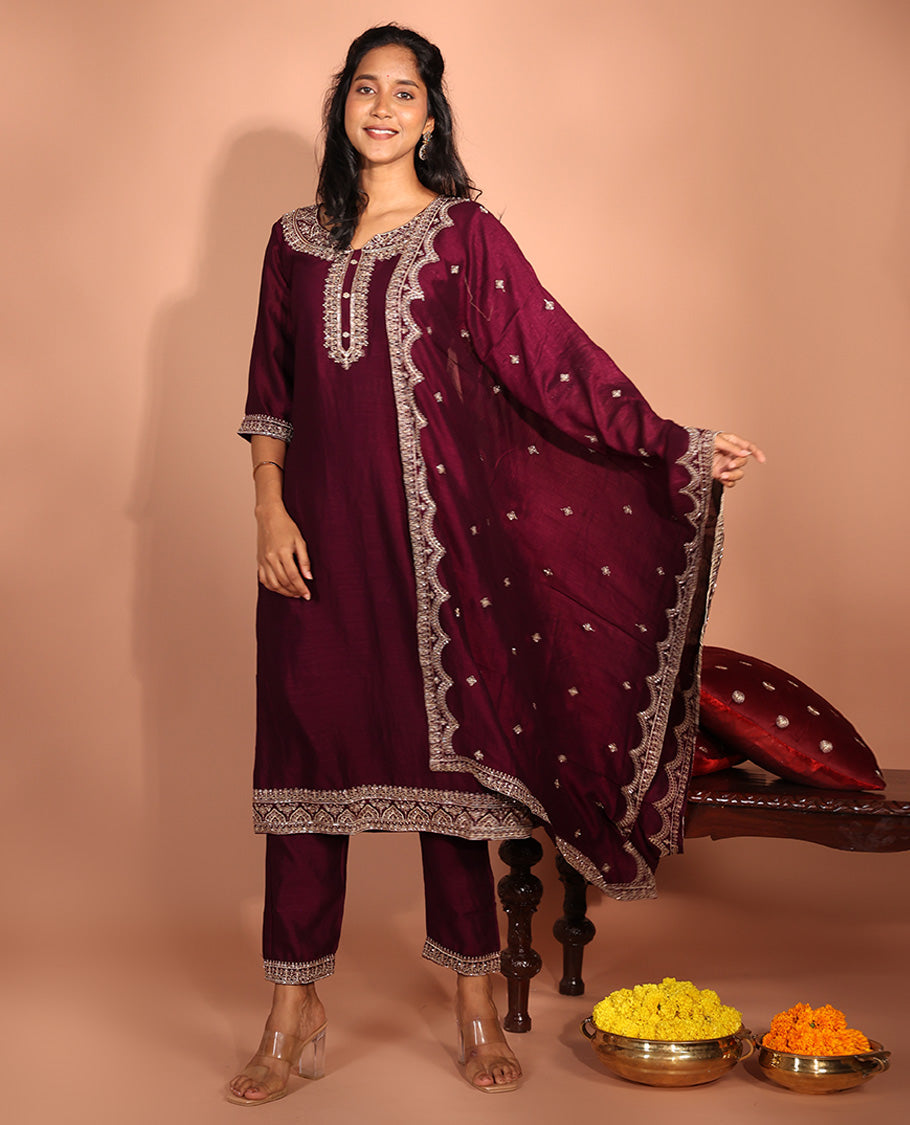 Burgundy Vichitra Silk Readymade Suit