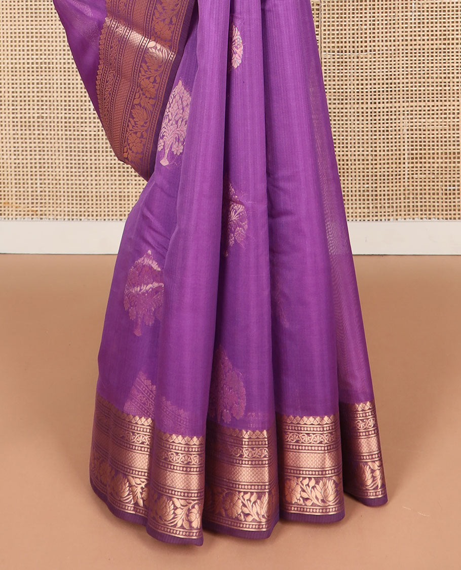 Purple floral motifs silk cotton saree with contrast zari design border & geometric design pallu