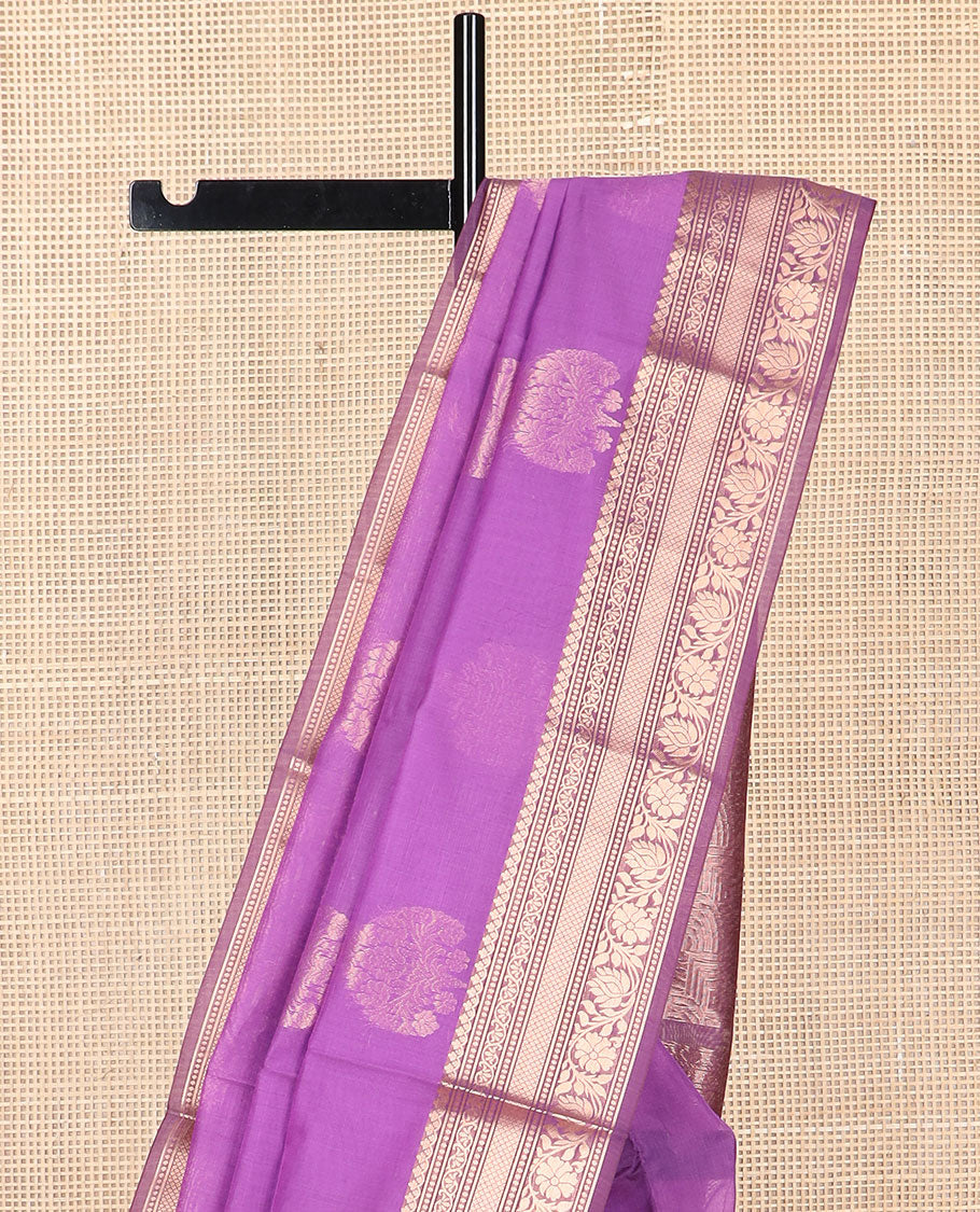 Purple floral motifs silk cotton saree with contrast zari design border & geometric design pallu