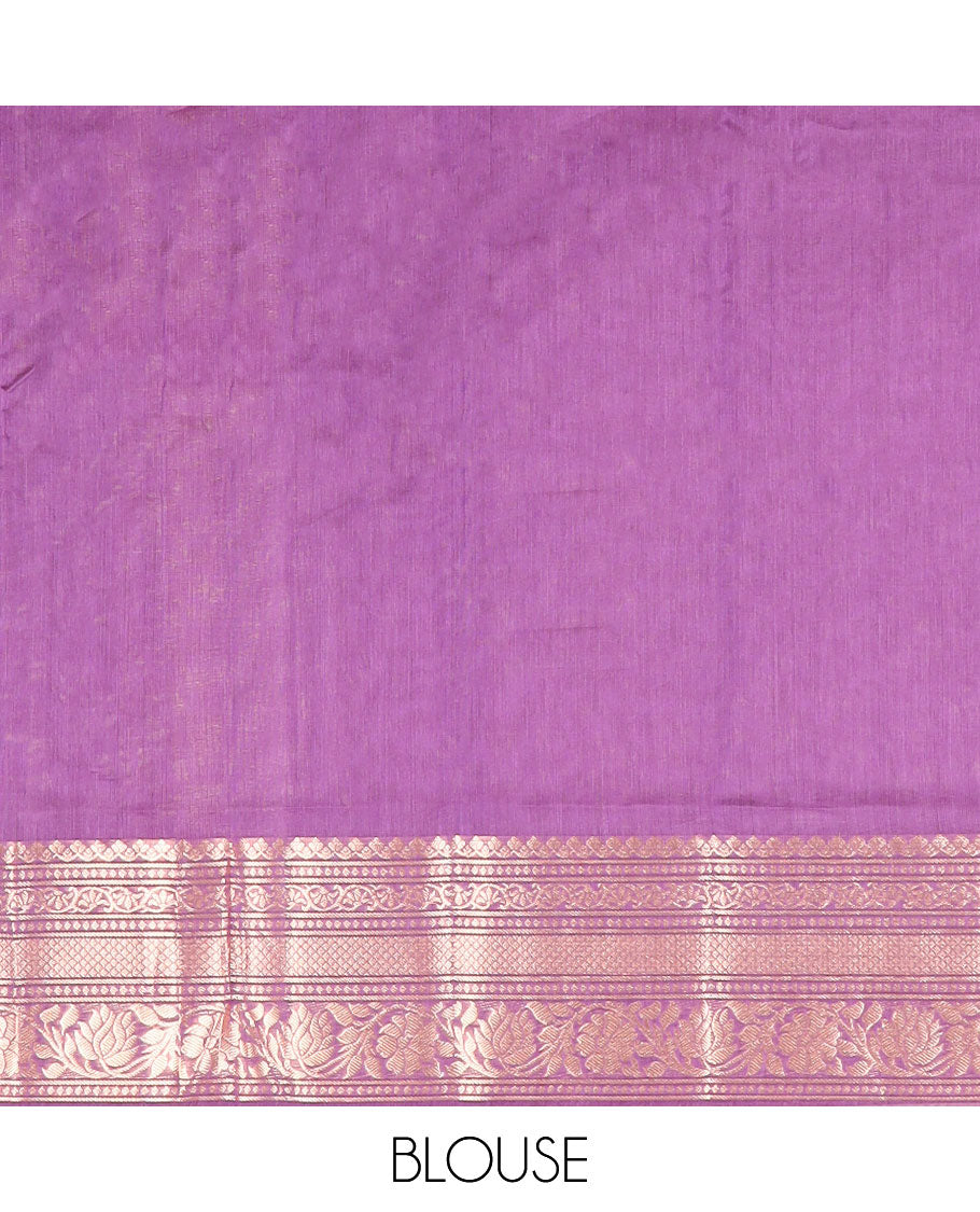 Purple floral motifs silk cotton saree with contrast zari design border & geometric design pallu