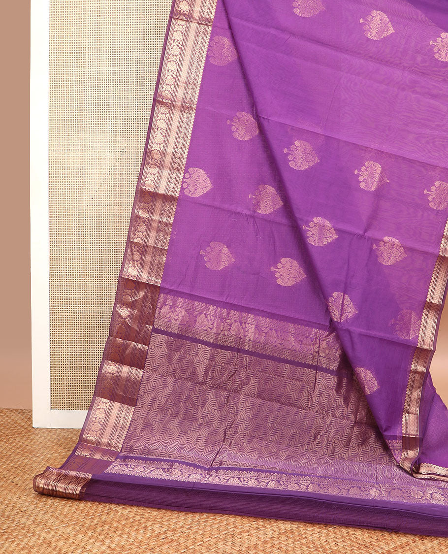 Purple floral motifs silk cotton saree with contrast zari design border & geometric design pallu