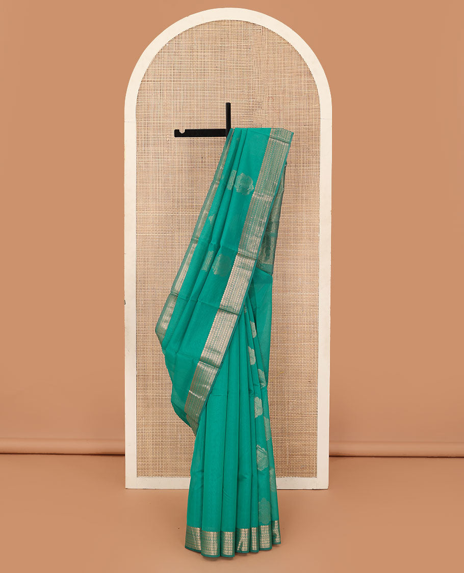 Green zari buttas silk cotton saree, traditional zari border, and pallu of zari designs