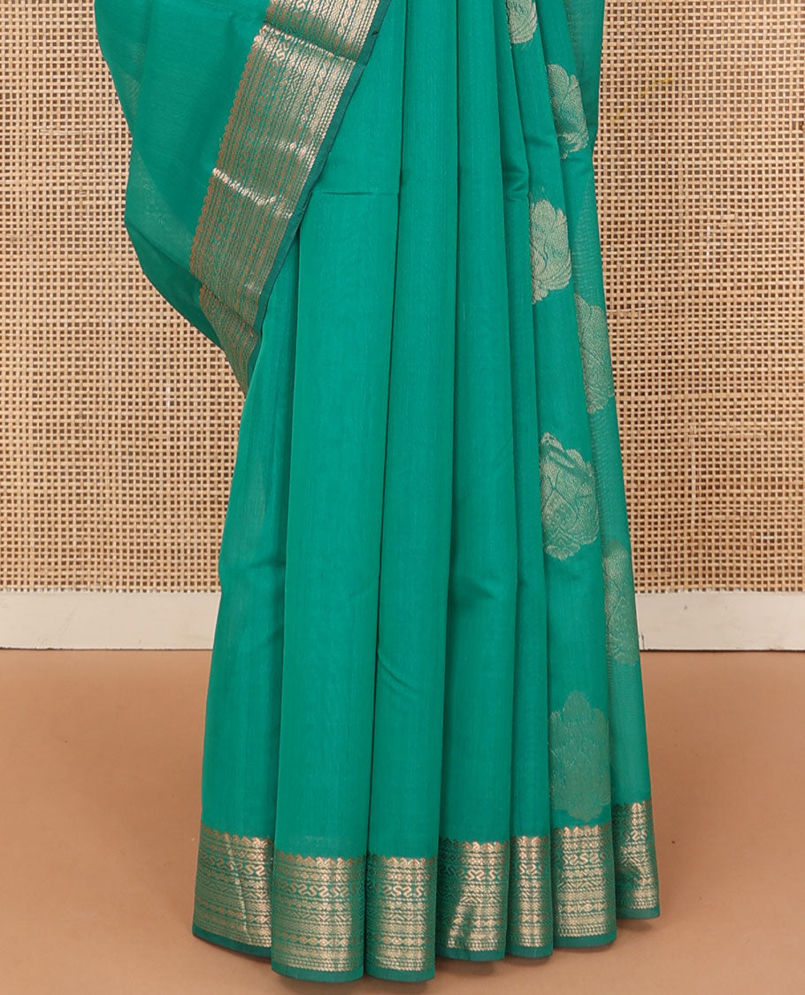 Green zari buttas silk cotton saree, traditional zari border, and pallu of zari designs