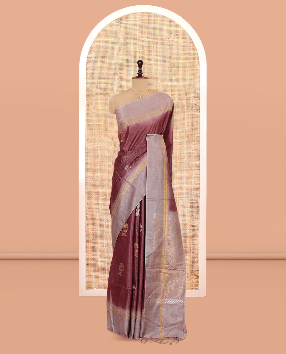 Brown Tussar Saree, Bedecked with Floral Buttas, Complemented by a Contrast Border, Floral Vine Pallu, and a Contrast Blouse