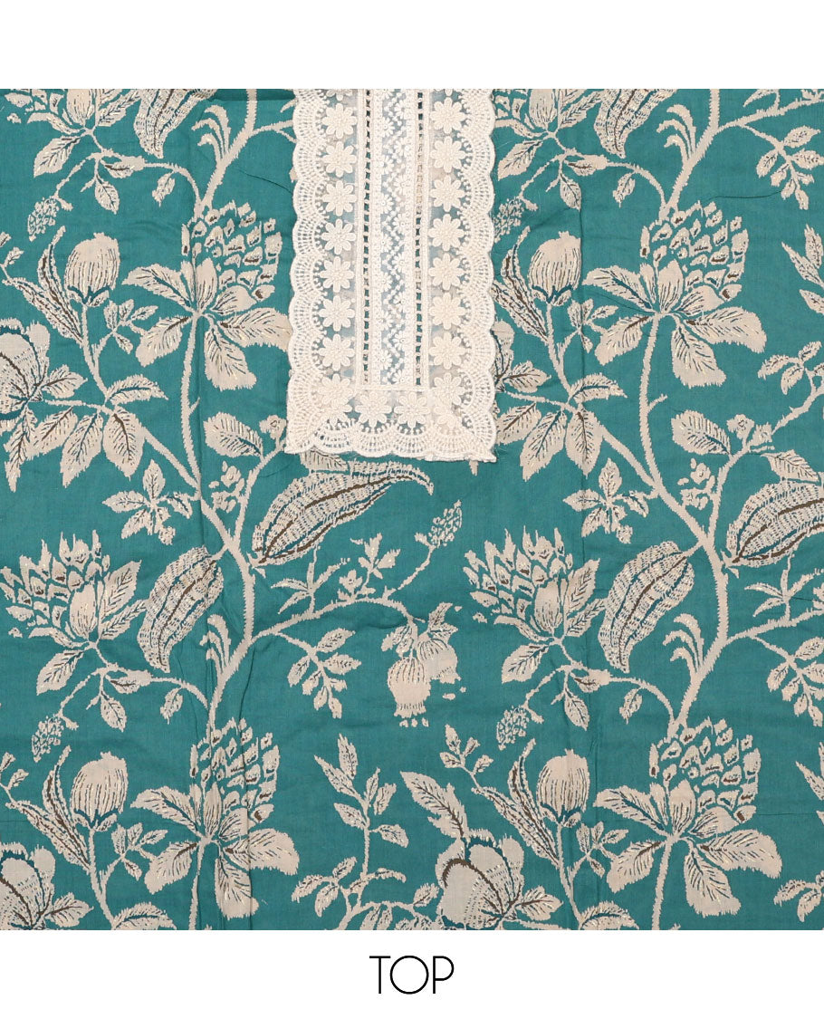 Blue material chudidar set, floral vine printed with neck embroidered top, contrast plain bottom, and block printed dupatta