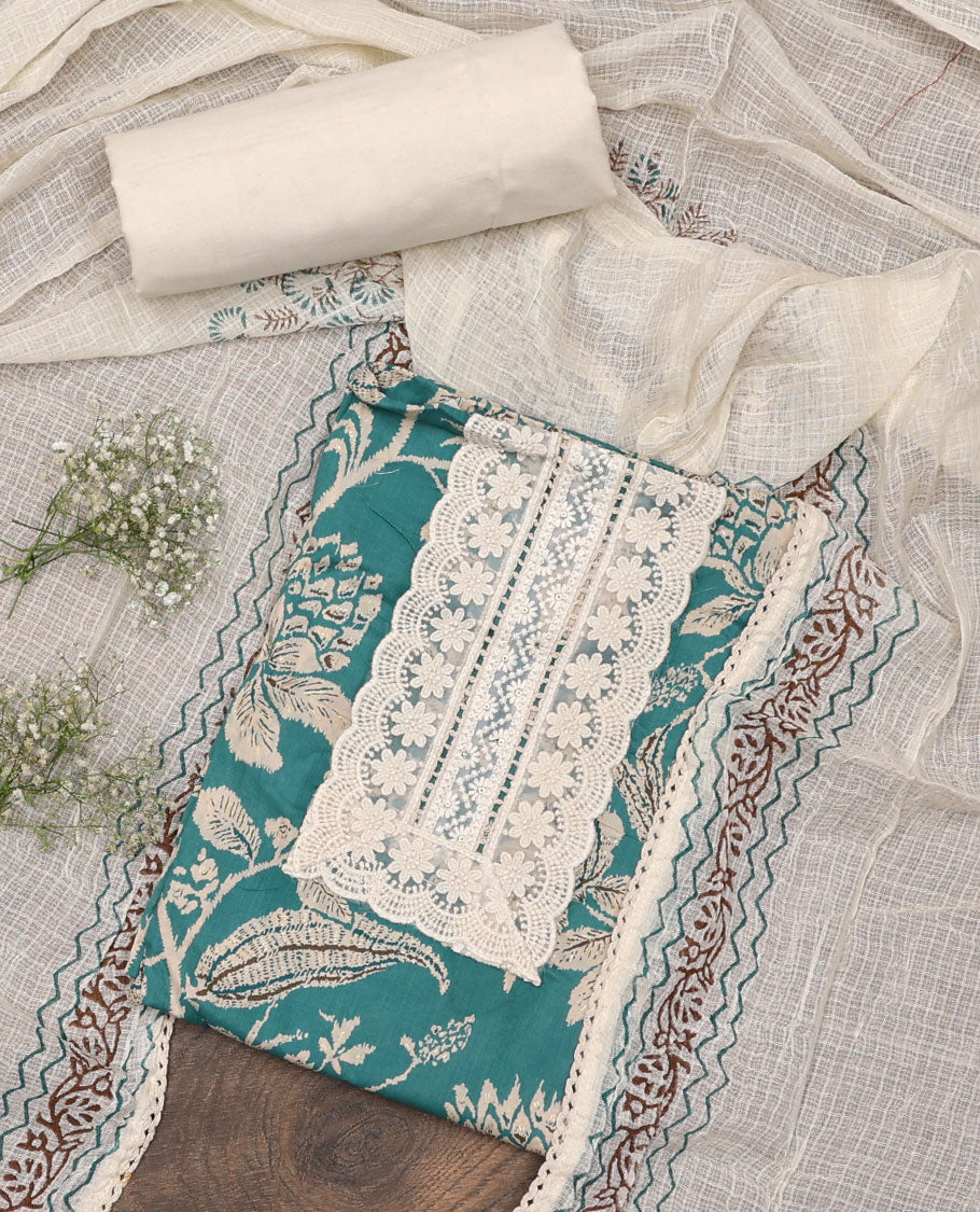 Blue material chudidar set, floral vine printed with neck embroidered top, contrast plain bottom, and block printed dupatta