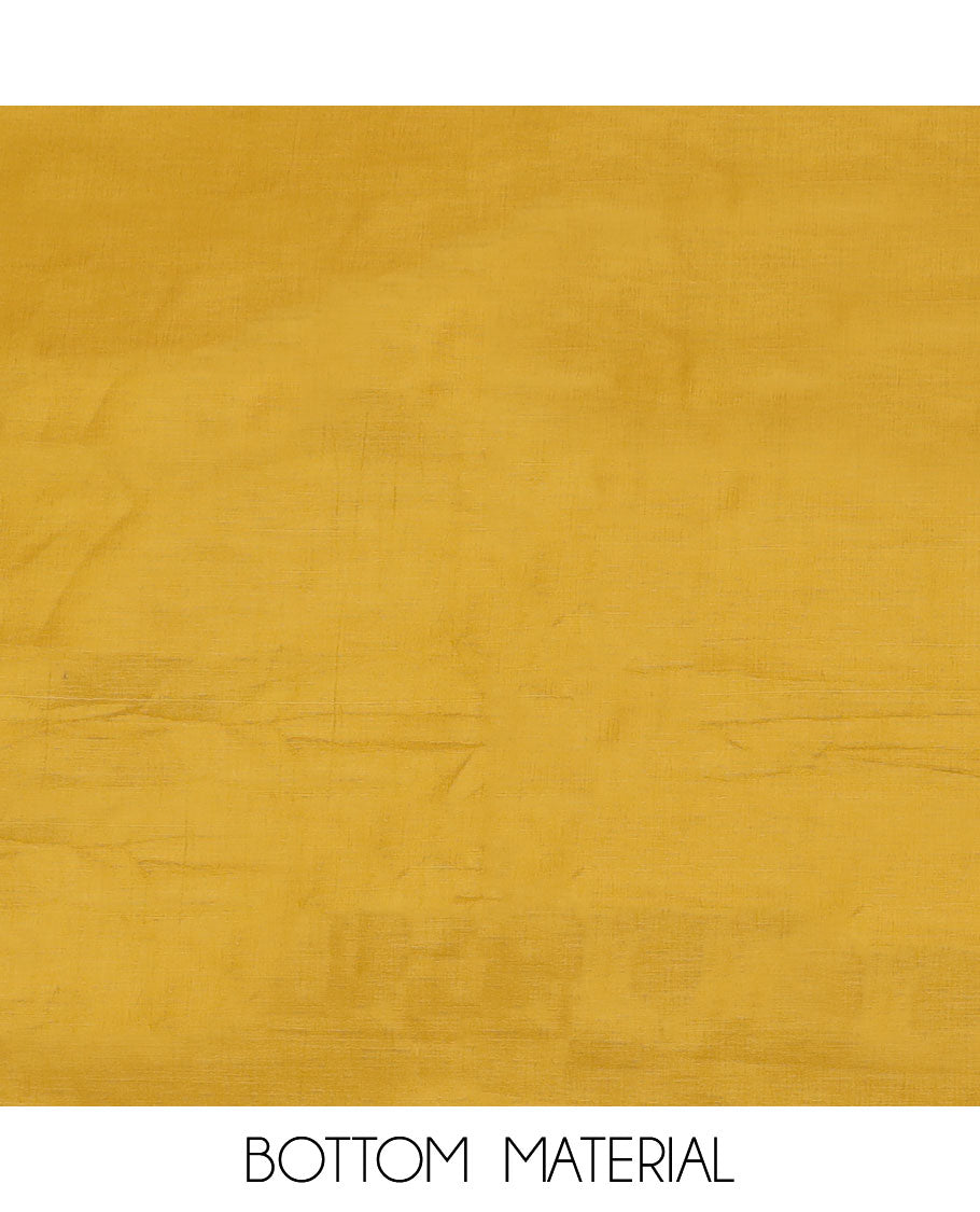 Mustard material chudidar set, leaf motifs woven top, plain bottom, and leaf motifs woven dupatta