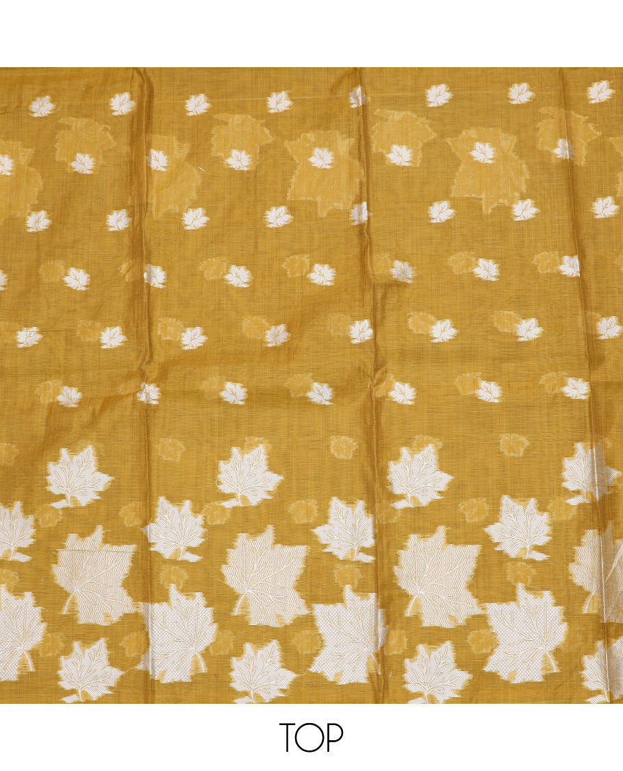 Mustard material chudidar set, leaf motifs woven top, plain bottom, and leaf motifs woven dupatta