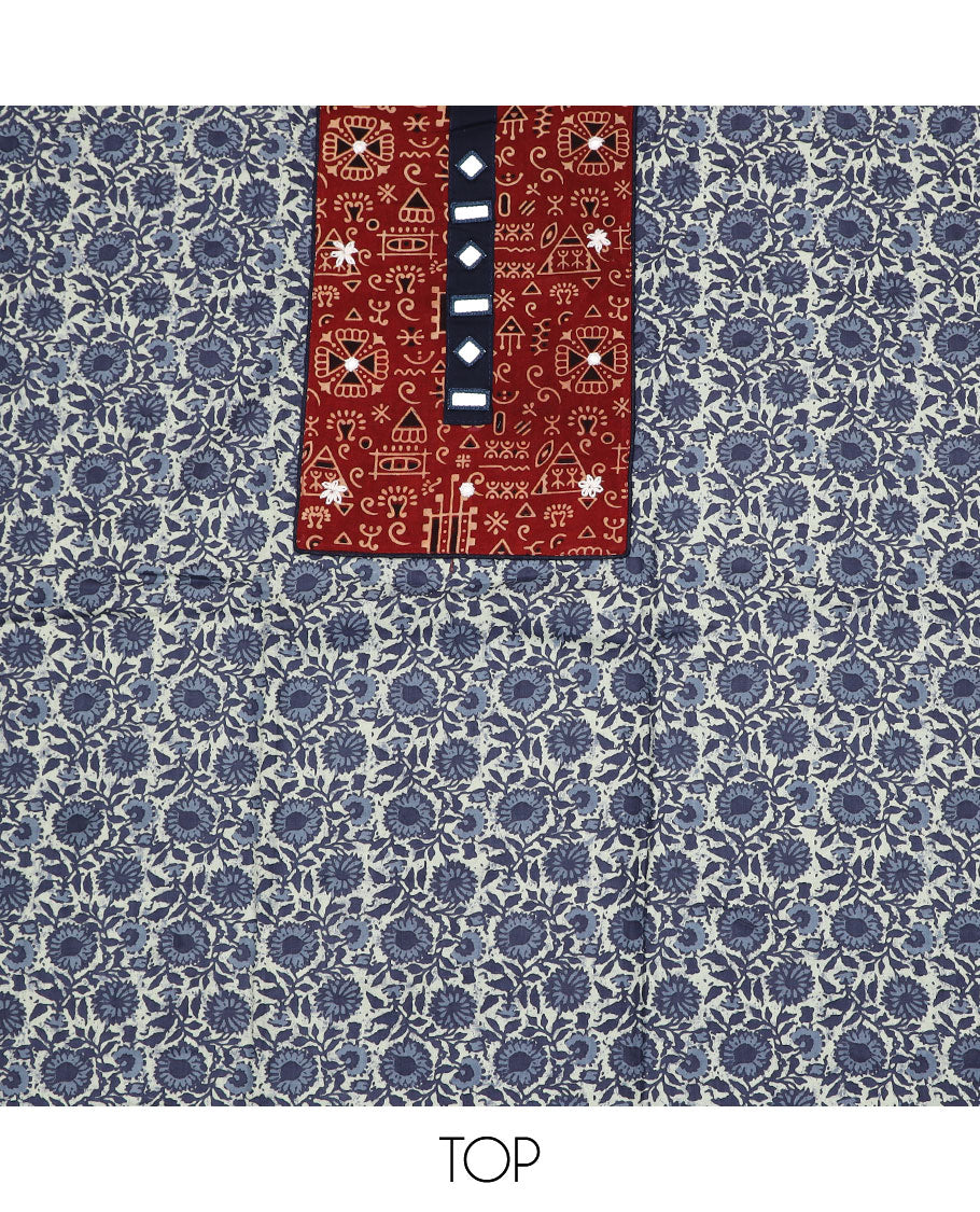 Elephant grey material chudidar set, floral vine print with cloth patch embroidered top, plain bottom, and batik-style floral printed dupatta