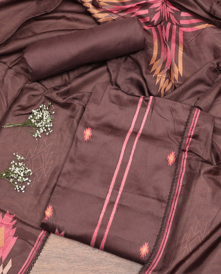 Brown Cotton Material Churidar Set, Bedecked with Geometric Printed Top, Matching Bottom, and Geometric Printed Dupatta