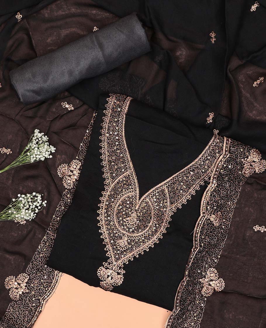 Black chudidhar material set floral embroidered top, plain bottom & floral embroidered dupatta
