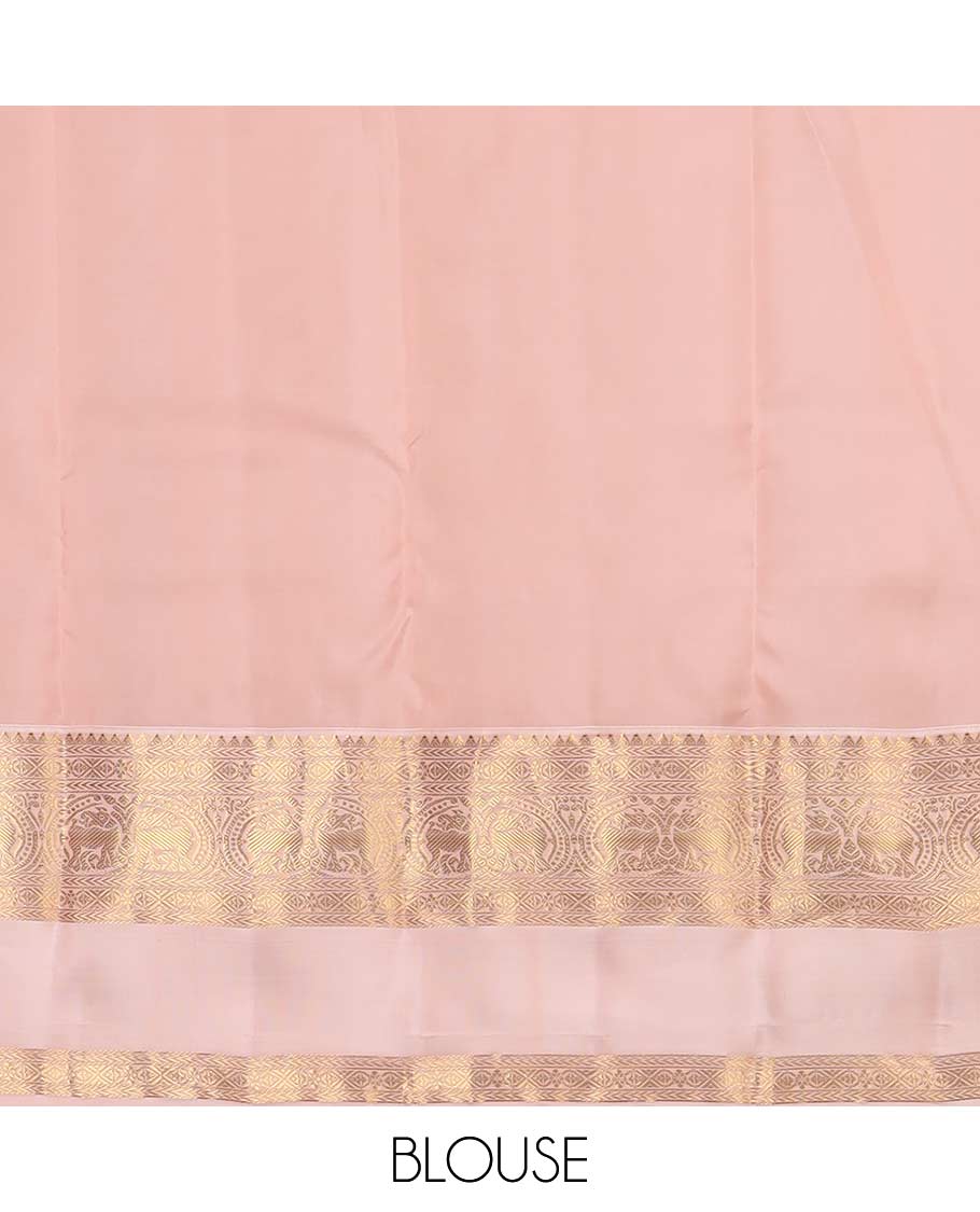 Green zari buttas Vasundhara silk mix saree, contrast rettai pettu border of rekku, kathir, round yaali, and zari designs, and vanki design pallu