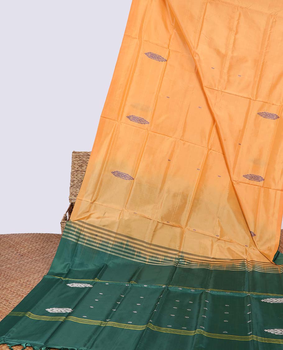 Borderless yellow floral motifs banana pith saree & striped, floral motifs pallu
