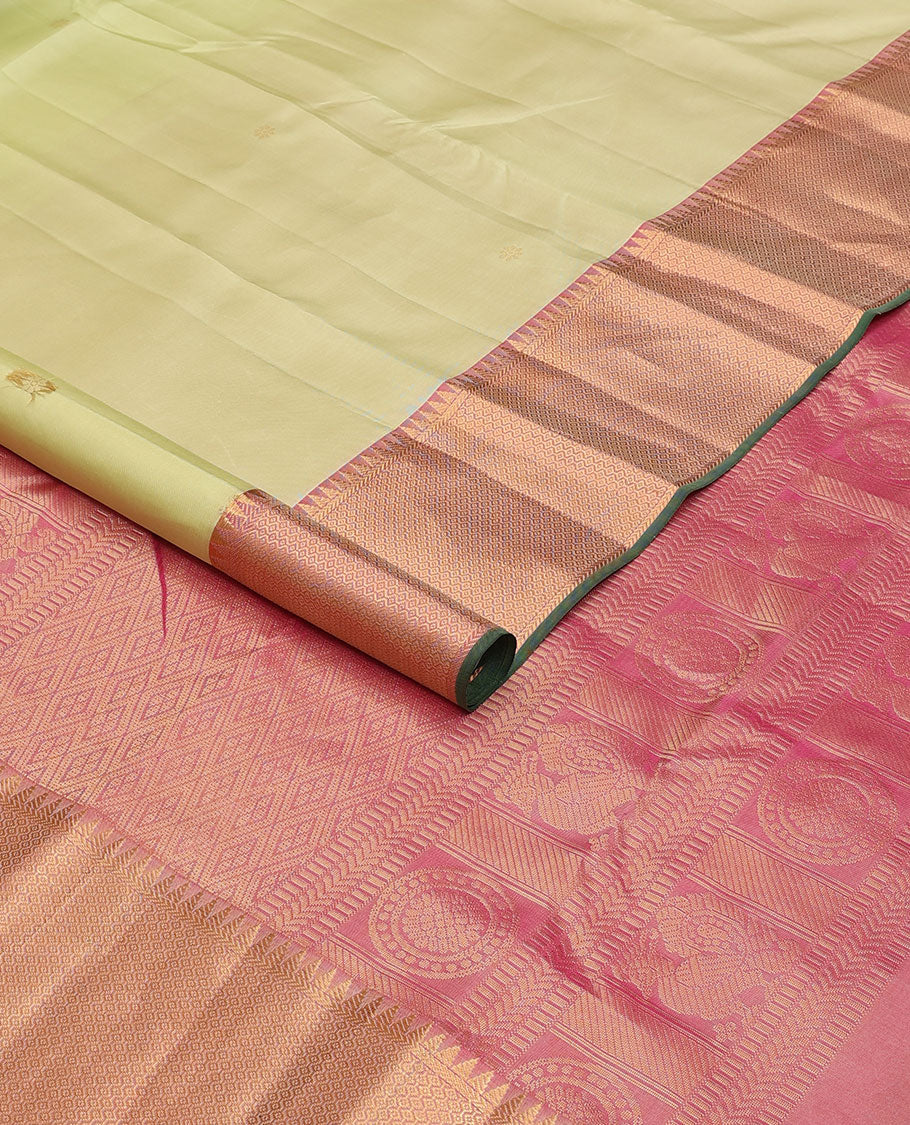 Pale green zari buttas silk saree, contrast jaal & annam chakram design pallu & border of rekku,kathir & then kuli kann