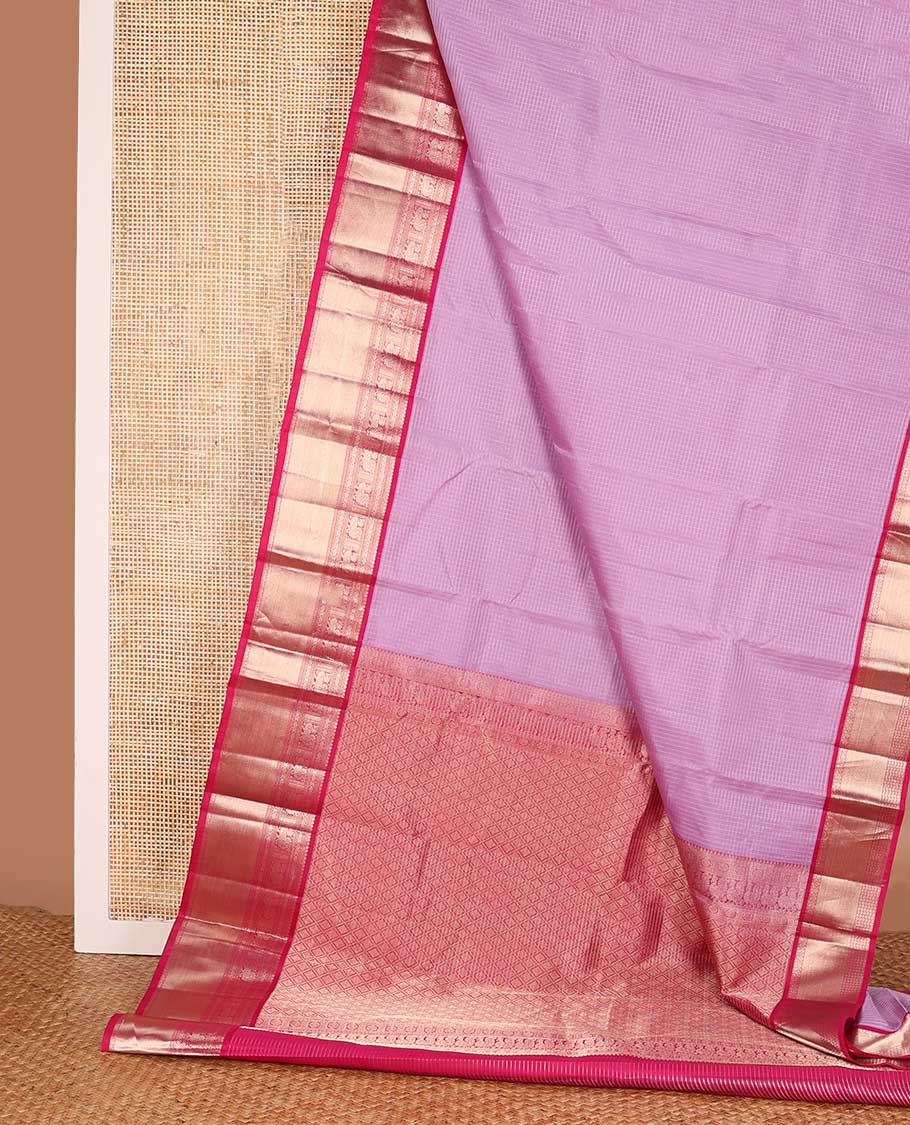 Pink zari striped silk saree, contrast border of salngai, cross kamalam, neli, and mayil designs and jaal pallu
