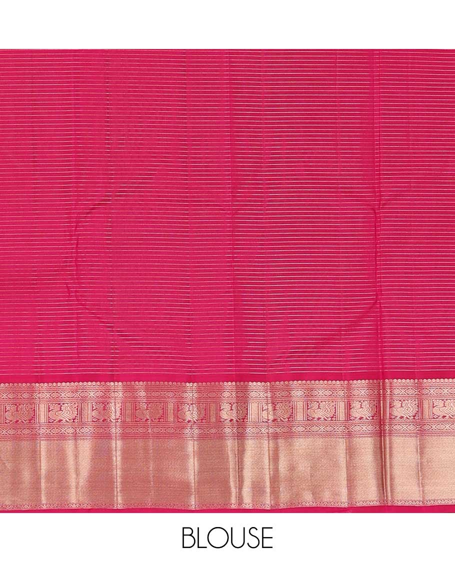 Pink zari striped silk saree, contrast border of salngai, cross kamalam, neli, and mayil designs and jaal pallu