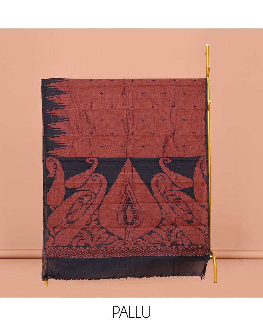 Rust Kanchi Cotton Saree, Enriched with Buttas on Its Body, Complemented by a Contrast Temple Border, a Pallu of Intricate Designs, and Paired with a Contrast Blouse