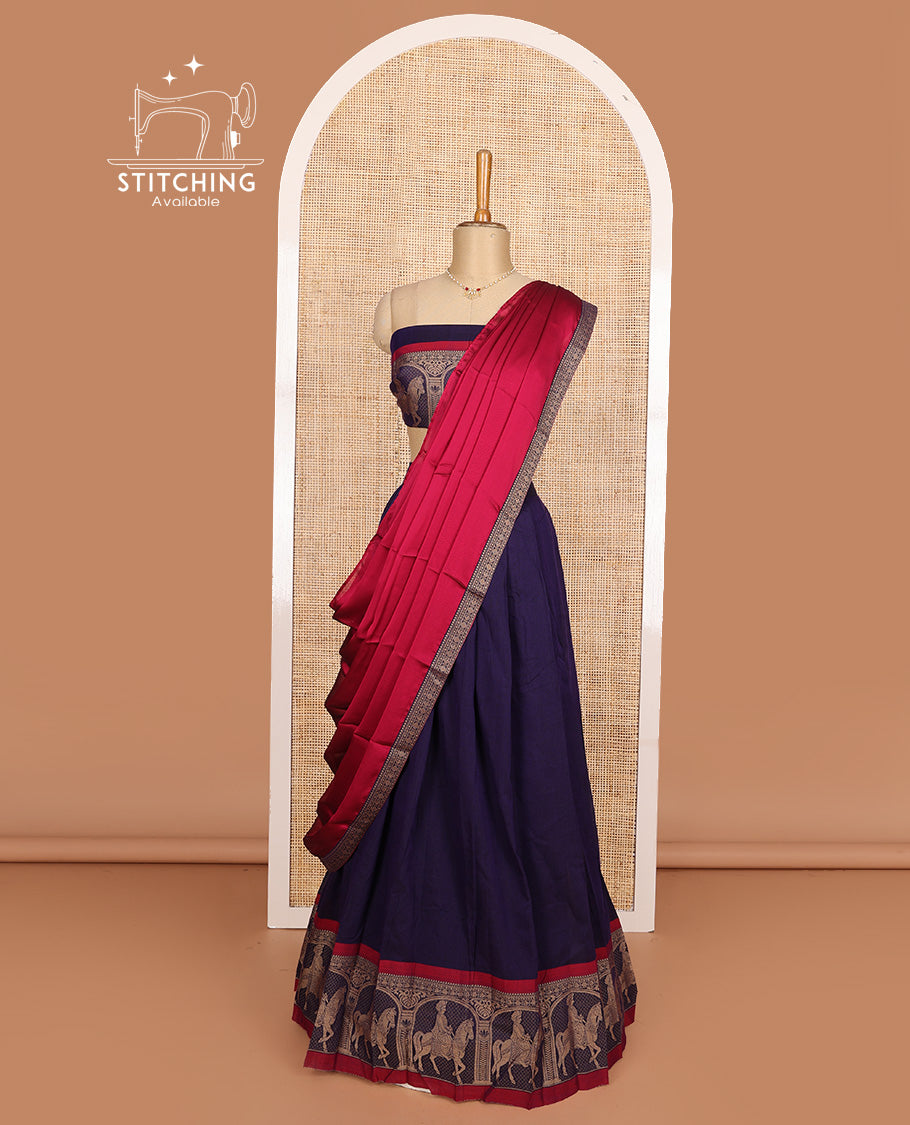Ink blue cotton half-saree, plain with contrast man on the horse motifs bordered skirt, matching blouse, and contrast dhavani