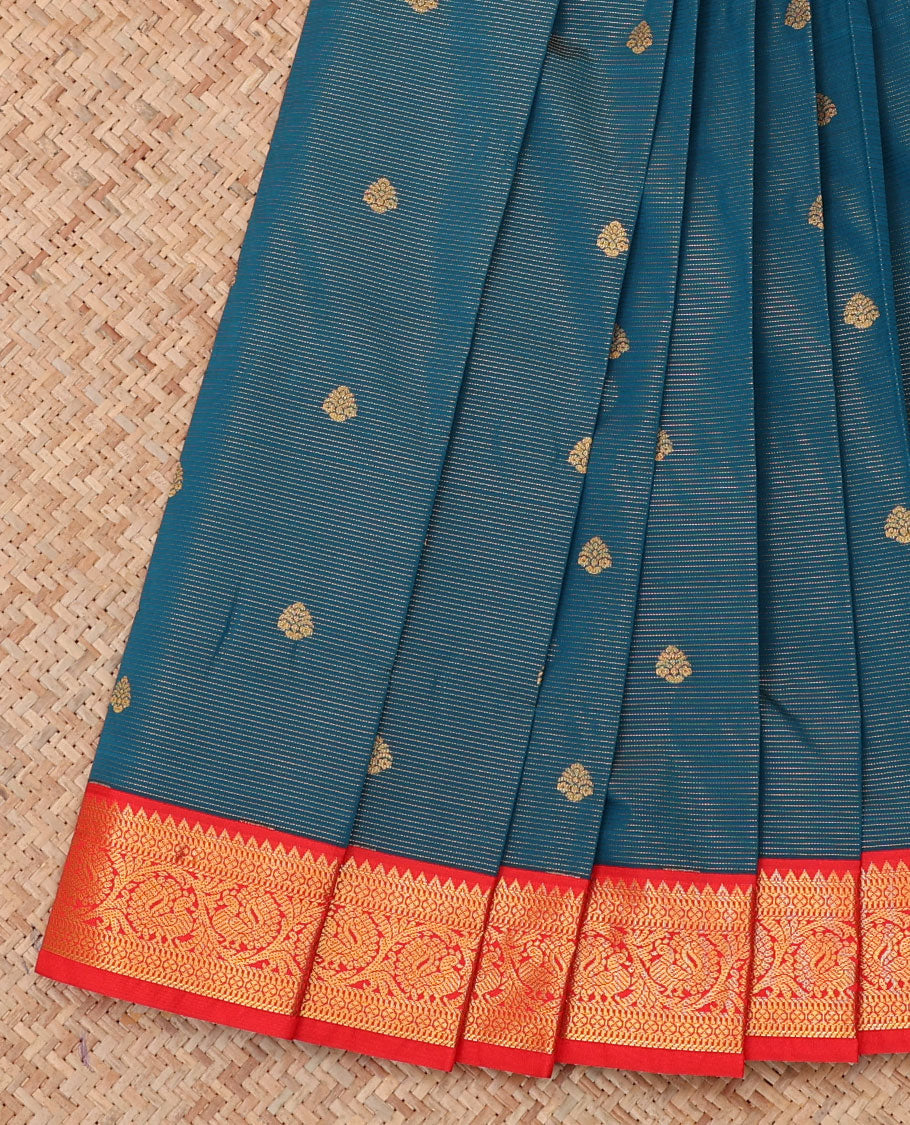 Blue Budget Silk Saree, Adorned with Zari Buttas and Stripes, a Contrast Traditional Zari Border, Jaal Pallu, and a Contrast Blouse