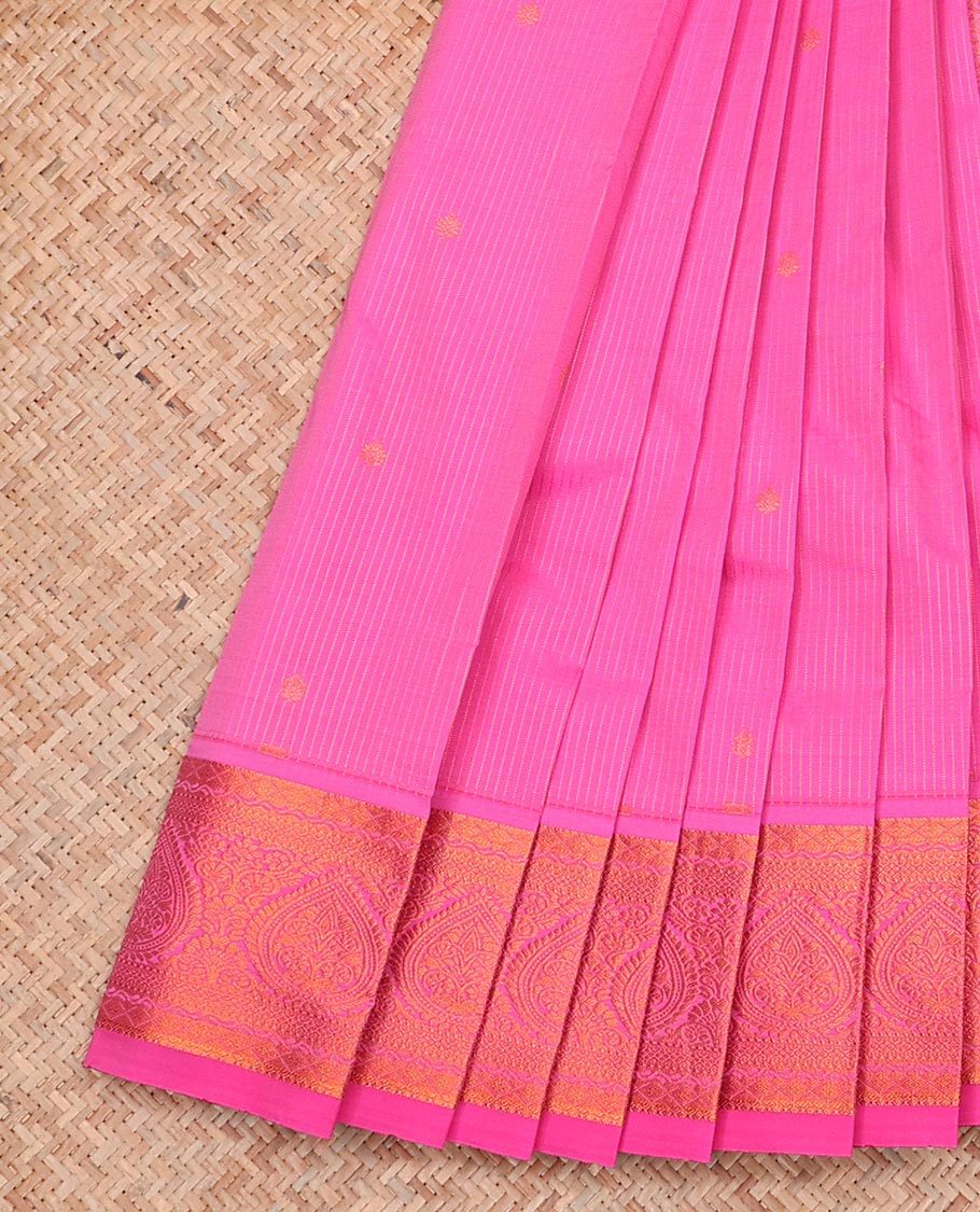 Pink Budget Silk Saree Featuring Striped and Buttas, Complemented with Traditional Zari Design Border, Zari Woven Jaal Pallu, and a Matching Zari-Bordered Blouse