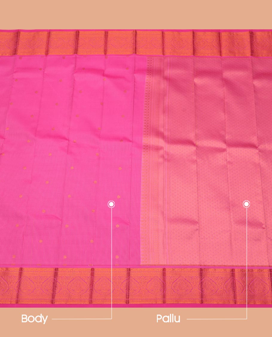 Pink Budget Silk Saree Featuring Striped and Buttas, Complemented with Traditional Zari Design Border, Zari Woven Jaal Pallu, and a Matching Zari-Bordered Blouse