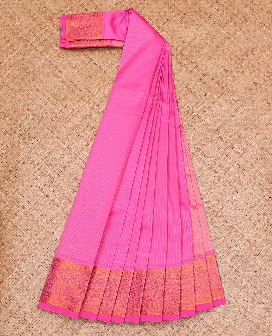 Pink Budget Silk Saree Featuring Striped and Buttas, Complemented with Traditional Zari Design Border, Zari Woven Jaal Pallu, and a Matching Zari-Bordered Blouse