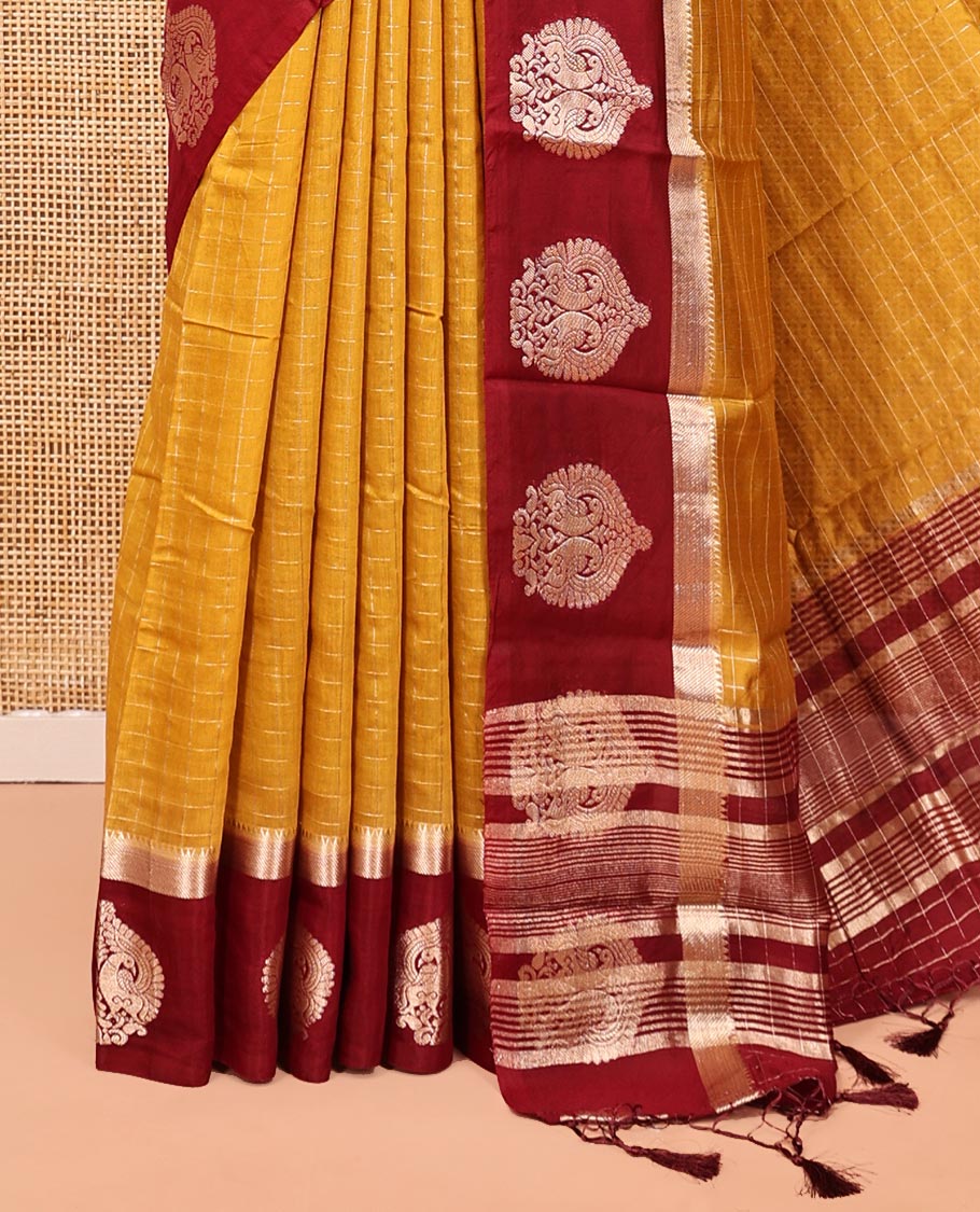 Mustard Assam Silk Saree, Decked Up with Checks, Complemented by Contrast Peacock Design Border, Zari-Striped Pallu, and a Contrast Blouse