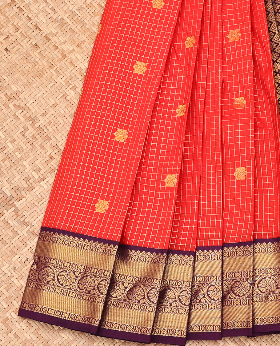 Red Budget Silk Saree, Adorned with Zari Buttas and Checks All Over Its Body, Complemented by Contrast Traditional Zari Designs Woven Border, Grand Jaal Pallu and Paired with a Contrast Blouse