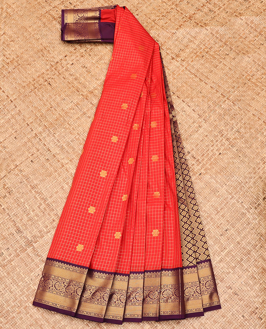 Red Budget Silk Saree, Adorned with Zari Buttas and Checks All Over Its Body, Complemented by Contrast Traditional Zari Designs Woven Border, Grand Jaal Pallu and Paired with a Contrast Blouse