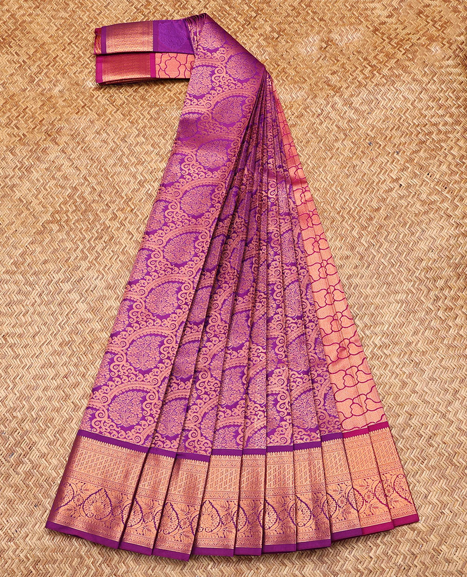 Purple Budget Silk Saree, Enthralled with Jacquard Design, Highlighted by Traditional Zari Border, Grand Pallu, and a Contrast Blouse