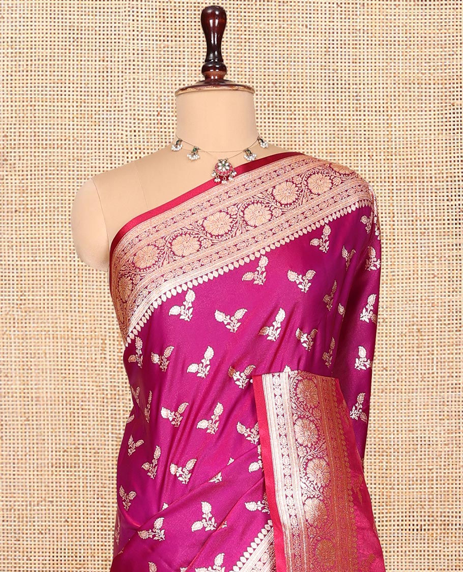 Pink Banarasi Nylon Saree, Detailed with Buttas, a Floral Creeper Zari Border, Intricate Pallu, and a Matching Blouse