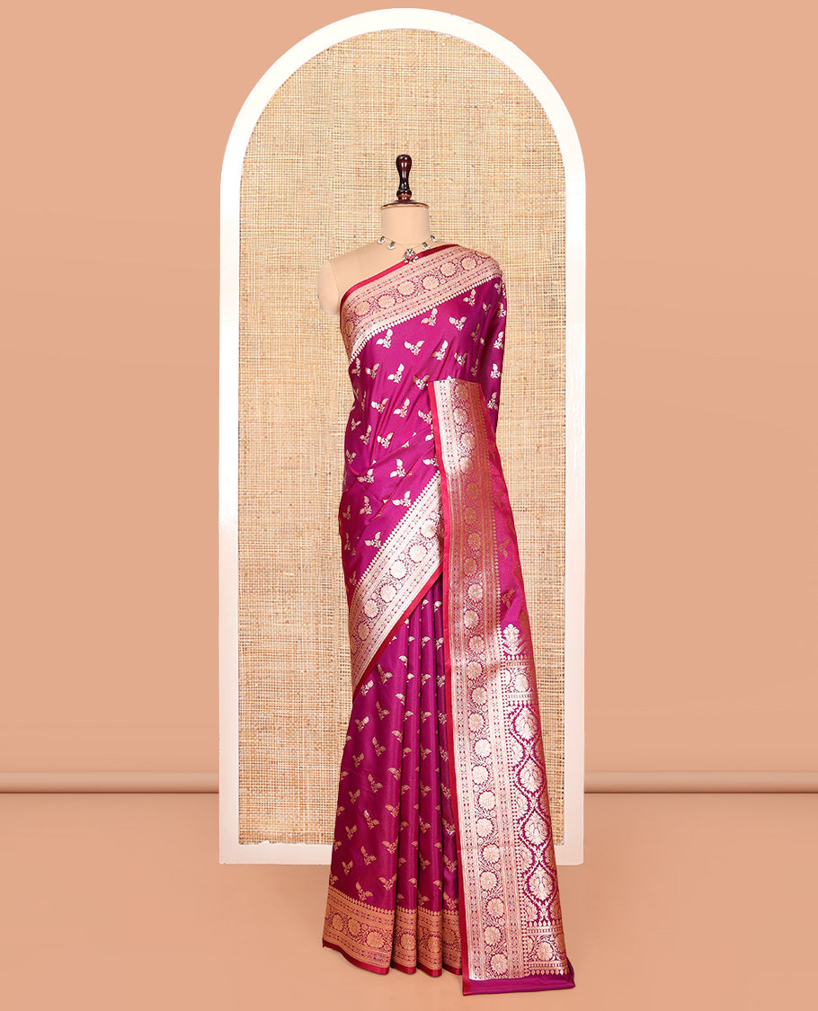 Pink Banarasi Nylon Saree, Detailed with Buttas, a Floral Creeper Zari Border, Intricate Pallu, and a Matching Blouse