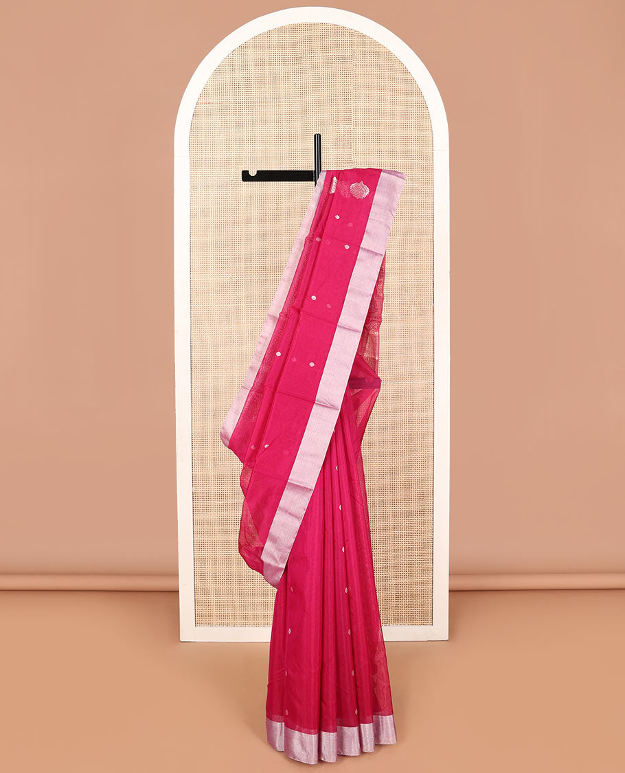 Purple floral motifs chanderi cotton saree with contrast zari border & striped pallu