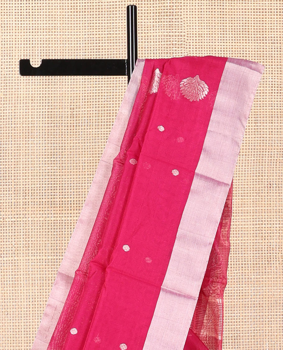 Purple floral motifs chanderi cotton saree with contrast zari border & striped pallu