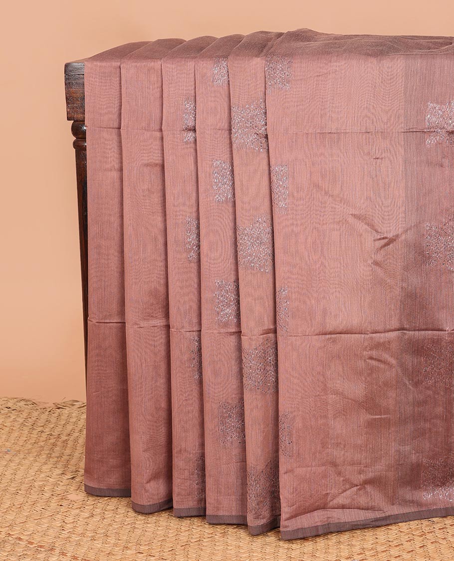 Borderless fawn brown zari buttas semi-silk cotton saree, contrast intricately designed pallu
