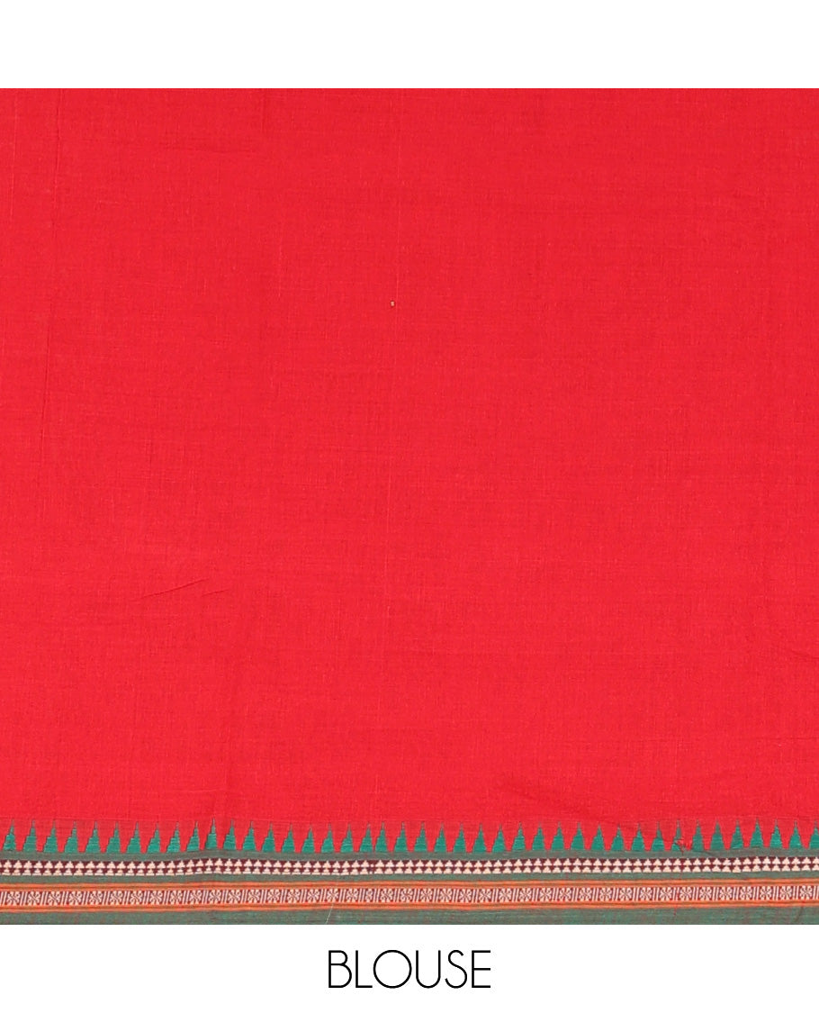 Red plain Narayanapet cotton saree, contrast traditional thread border, and striped pallu