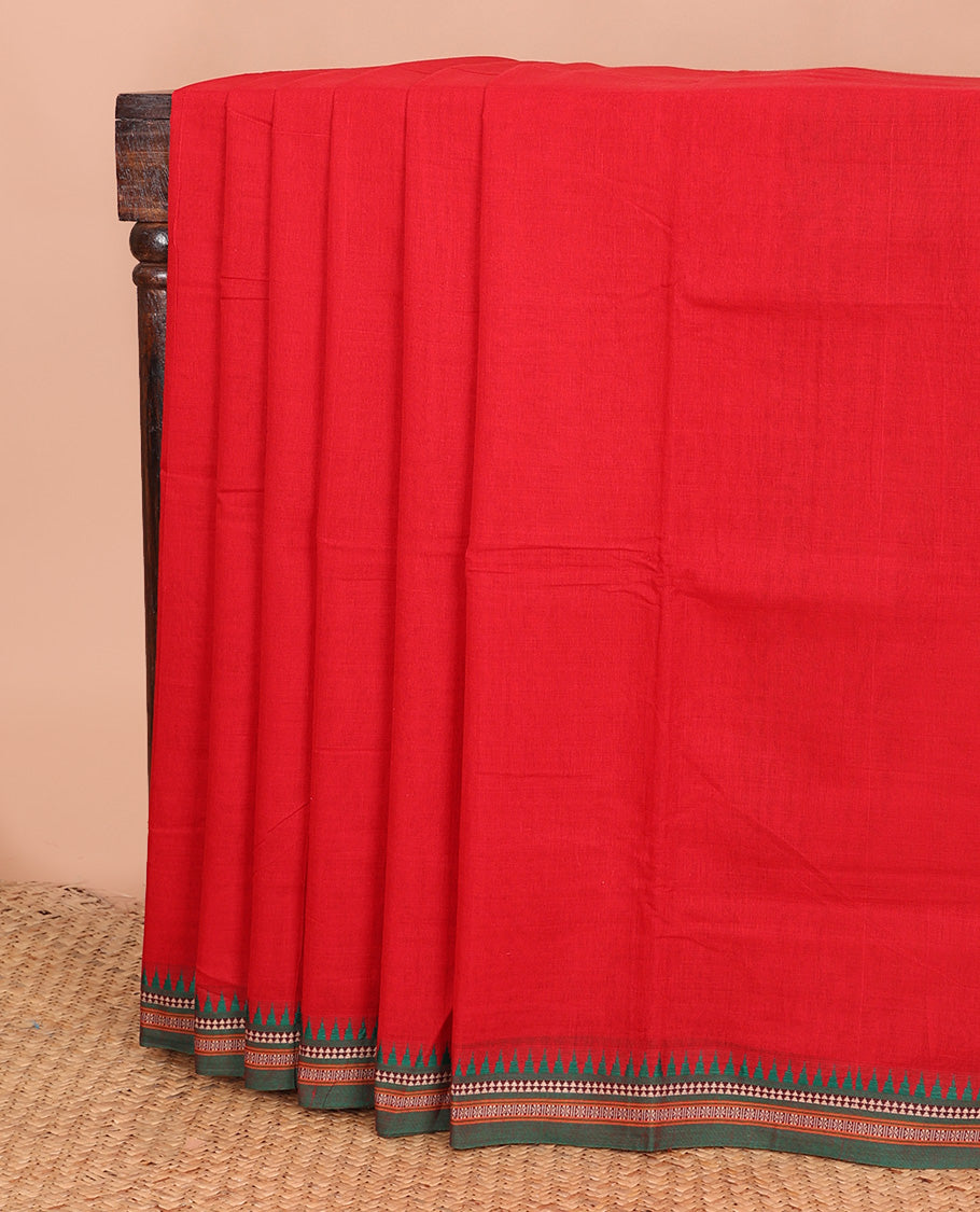 Red plain Narayanapet cotton saree, contrast traditional thread border, and striped pallu