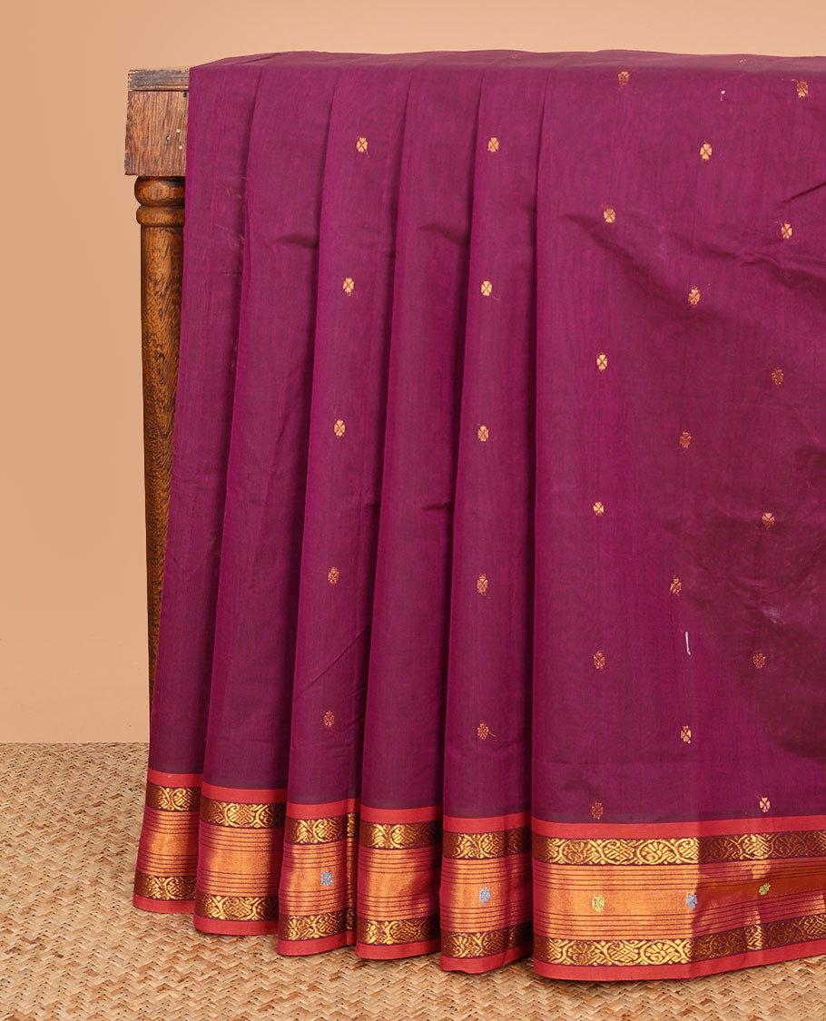 Burgundy zari buttas Venkatagiri cotton saree, contrast traditional zari border and pallu of stripes