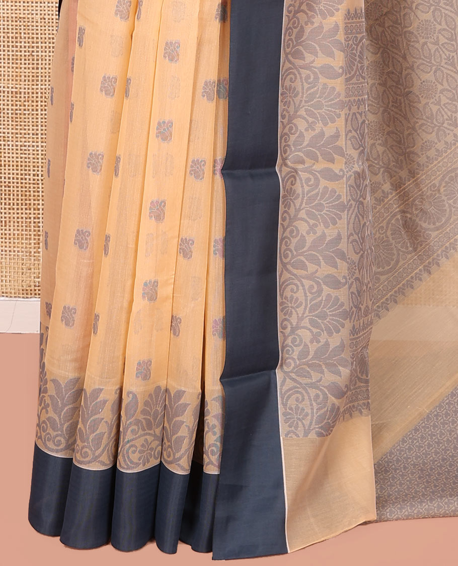 Sandal Semi-Silk Cotton Saree, Sparsely Woven with Floral Buttas on Its Body, Complemented by Contrast Border, Pallu Steeped with Floral Designs, and Paired with a Matching Blouse