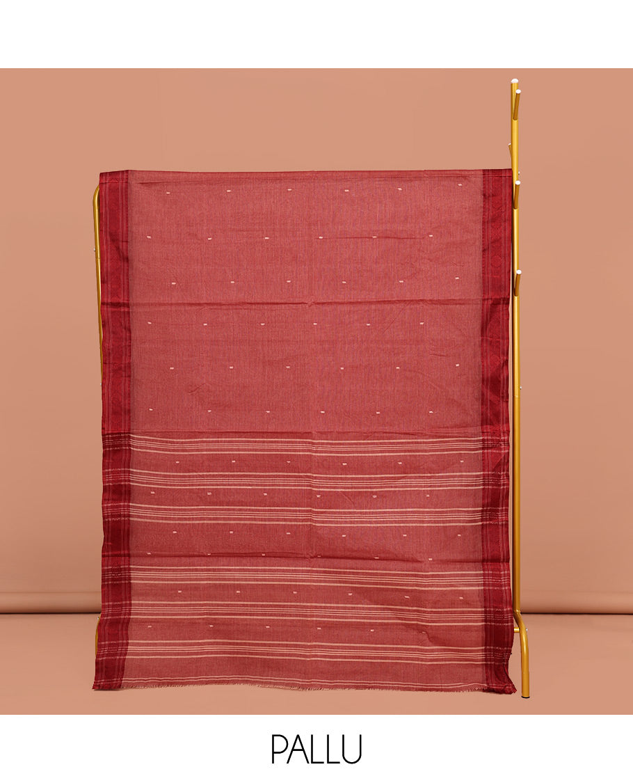 Red Bengal Cotton Saree, Woven with Buttas All Over Its Body, Complemented by a Contrast Thread Design Border, Pallu of Buttas and Stripes, and Paired with a Matching Blouse